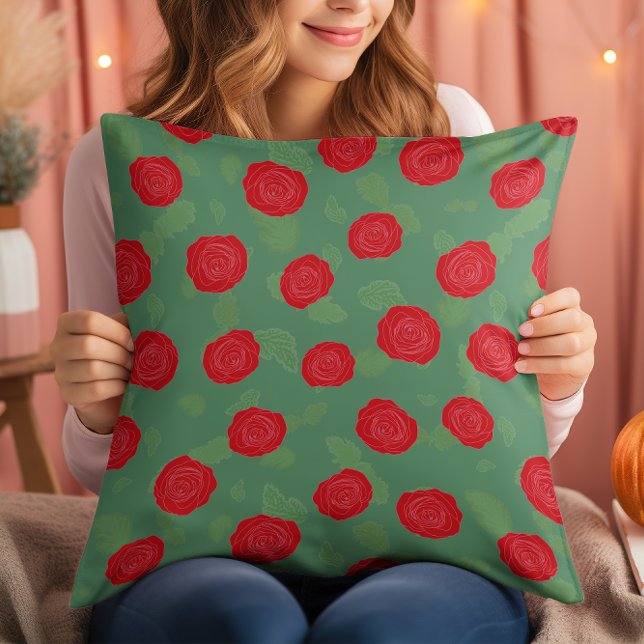 Almohada Decorativa, Verde Con Rosas Rojas. Almoha (Subido por el creador)