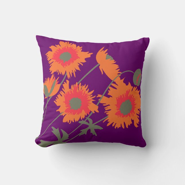 Almohada del naranja de la amapola, verde y (Anverso)