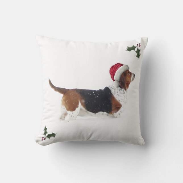 Almohada del navidad con Basset Hound en el gorra (Anverso)