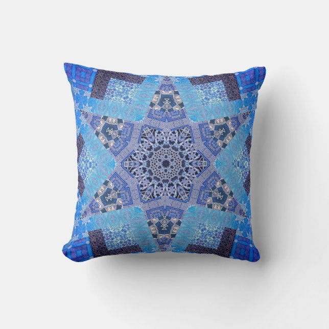 Almohada del patrón Kaleidoscope de estrella azul  (Anverso)