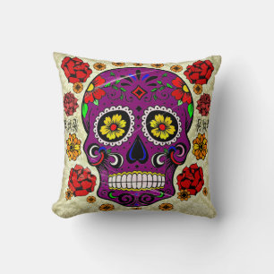 Almohada Día de Muertos Calavera de Azúcar Púrpura