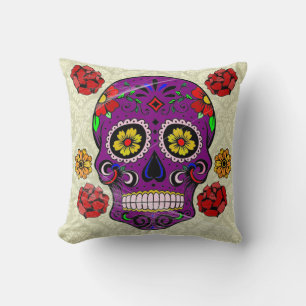 Almohada Día de Muertos Calavera de Azúcar Púrpura