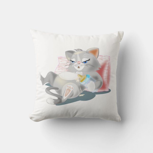 Almohada Divertida con Gatito Bebiendo Leche (Anverso)