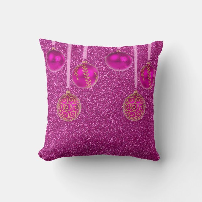 Almohada dorada con adornos rosados de Navidad (Anverso)