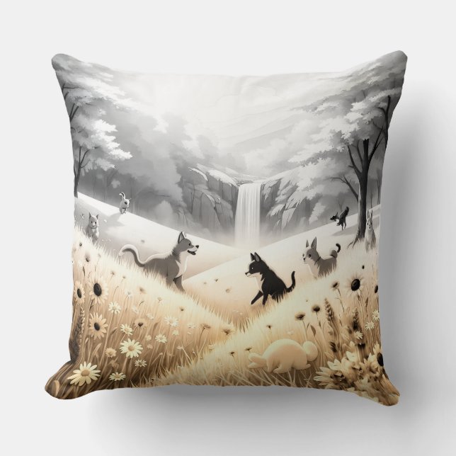 Almohada Dorada Flores Amarillas y Agua Fluyente (Anverso)