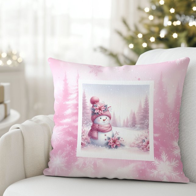 Almohada dulce de hombre de nieve rosa escena navi (Sweet Pink Snowman Pillow Cute Christmas Scene)