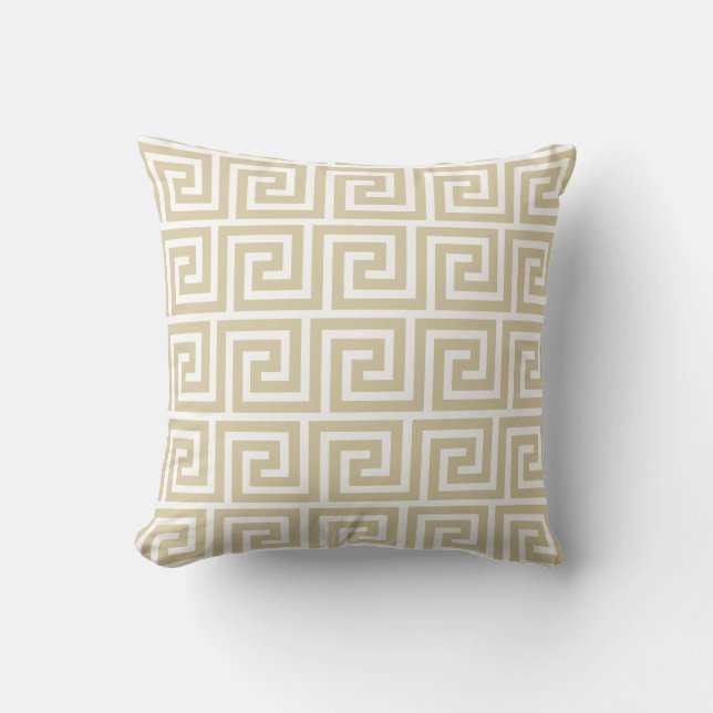 Almohada elegante beige y blanco con patrón griego (Anverso)