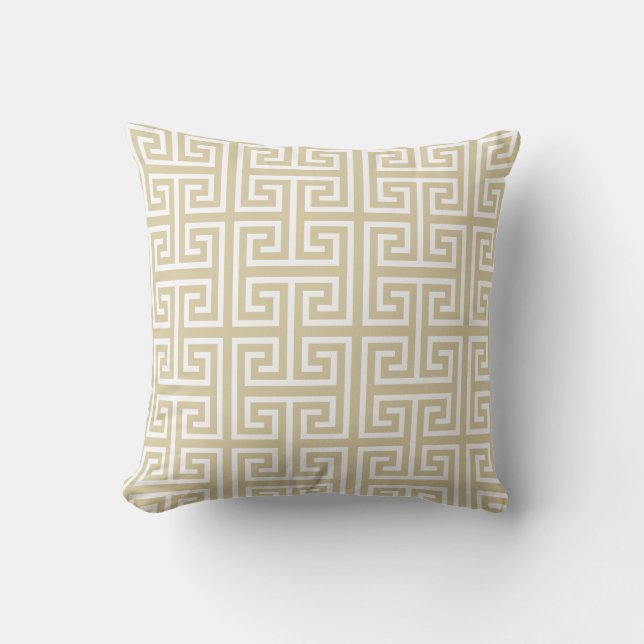 Almohada elegante beige y blanco con patrón griego (Anverso)
