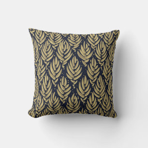 Almohada elegante con patrón de hoja dorada y azul