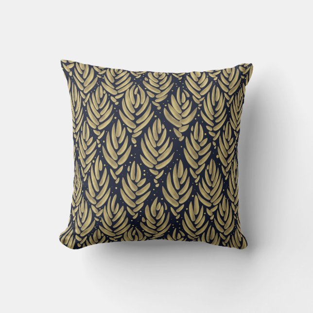 Almohada elegante con patrón de hoja dorada y azul (Anverso)