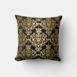 Almohada elegante damasco floral negro oro