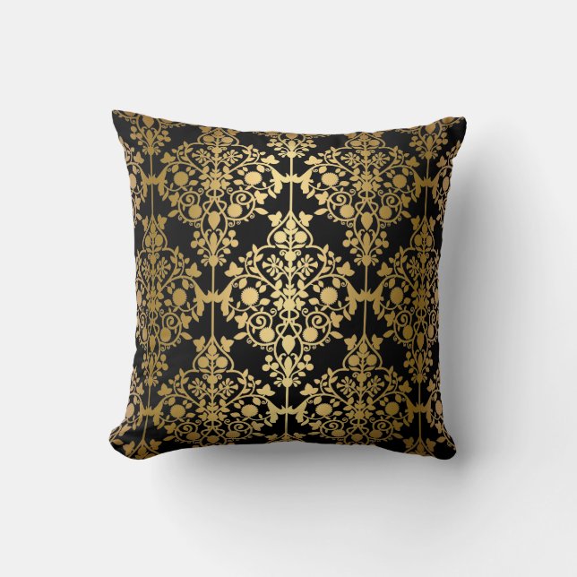 Almohada elegante damasco floral negro oro (Anverso)