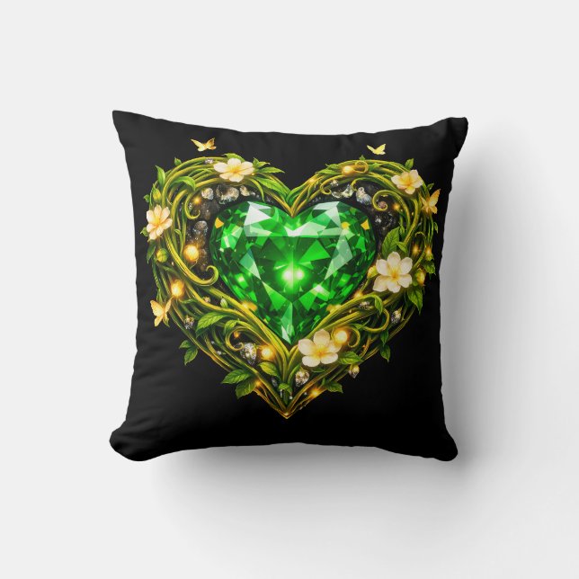 Almohada elegante de corazón floral verde esmerald (Anverso)