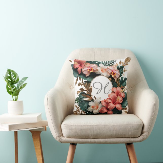 Almohada elegante de hibisco tropical dorado con m (Silla)
