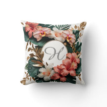 Almohada elegante de hibisco tropical dorado con m