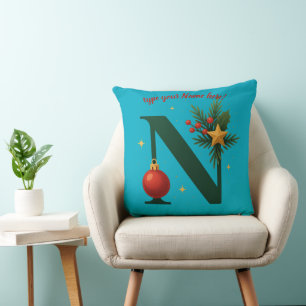 Almohada elegante de letra N verde festiva
