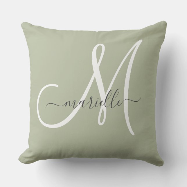 Almohada elegante de monograma verde salvia (Anverso)