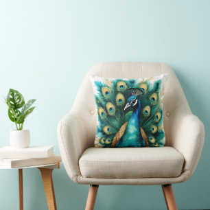 Almohada elegante de plumas de pavo real con acuar