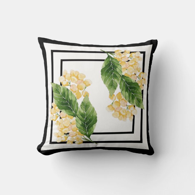 Almohada en blanco y negro con flores amarillas (Anverso)