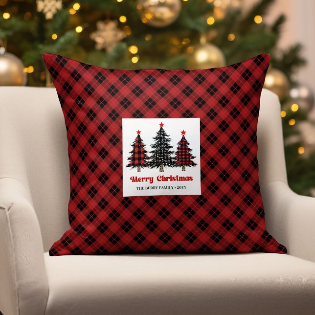 Almohada encantadora de árboles de Navidad a cuadr (Charming Buffalo Check Christmas Trees Pillow)