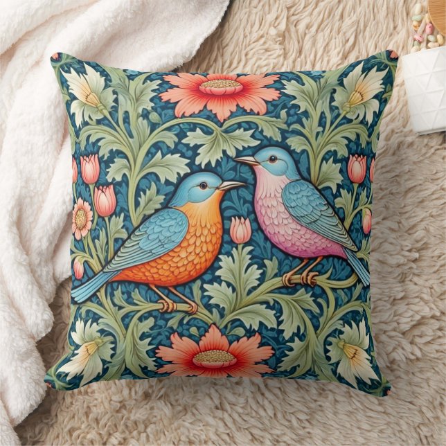 Almohada estilo William Morris floral/aves. (Manta)