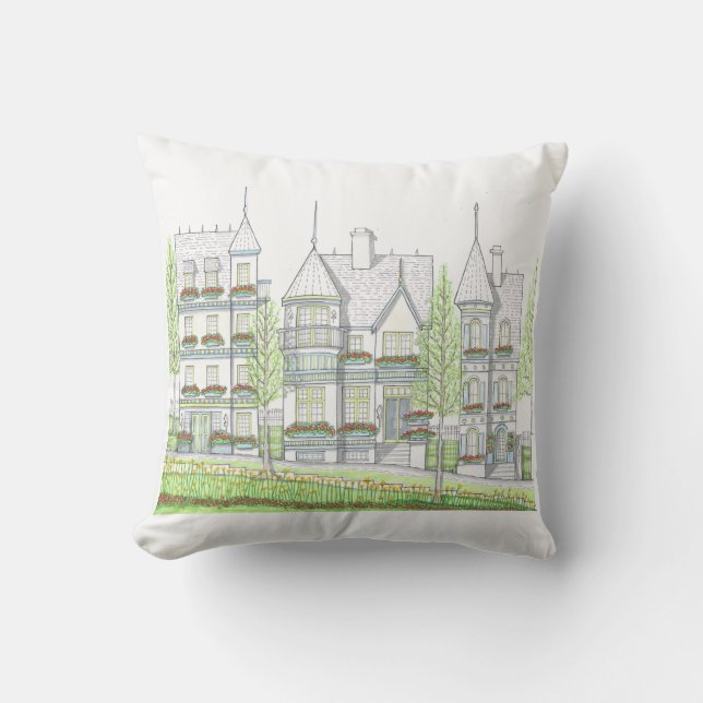 Almohada Exterior; Casa Victoriana con Verde (Anverso)