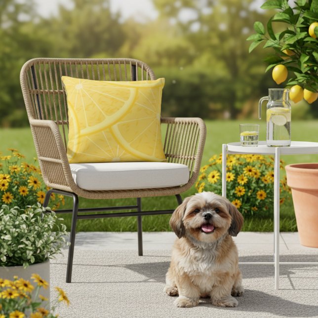 Almohada exterior de 16x16 con estampado de limón  (Lemon outdoor pillow.)