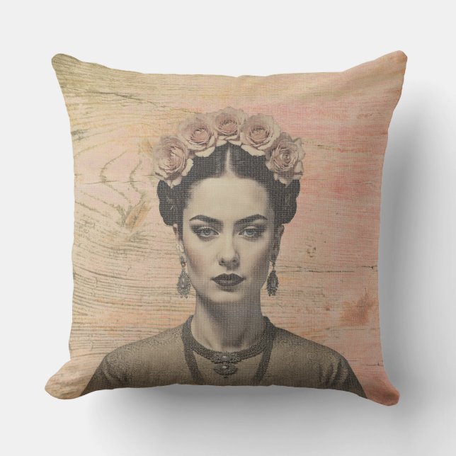Almohada Exterior Retrato Boho Frida Rústica (Anverso)