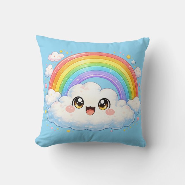 Almohada Feliz de Kawaii Arcoíris y Nube (Anverso)
