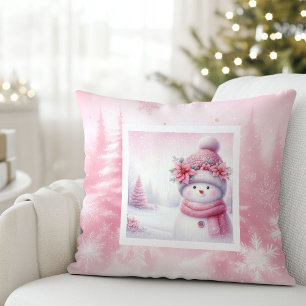 Almohada festiva de Pinkmas con muñeco de nieve y 