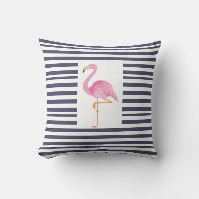 almohada flamingo de rayas azules y blancas (Anverso)