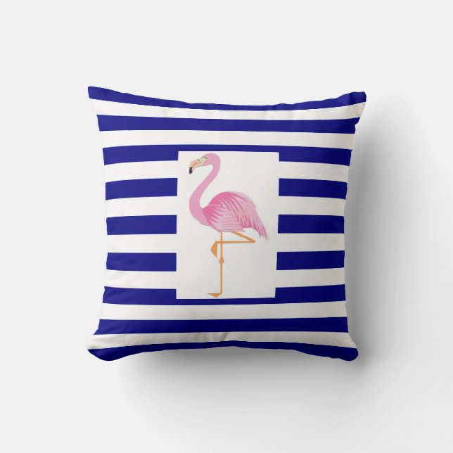 almohada flamingo rosa de franja azul y blanca (Anverso)