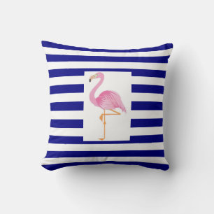 almohada flamingo rosa de rayas azules y blancas
