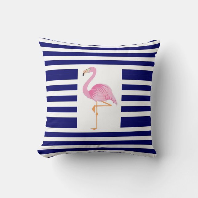almohada flamingo rosa de rayas azules y blancas (Anverso)