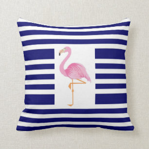 almohada flamingo rosa de rayas azules y blancas