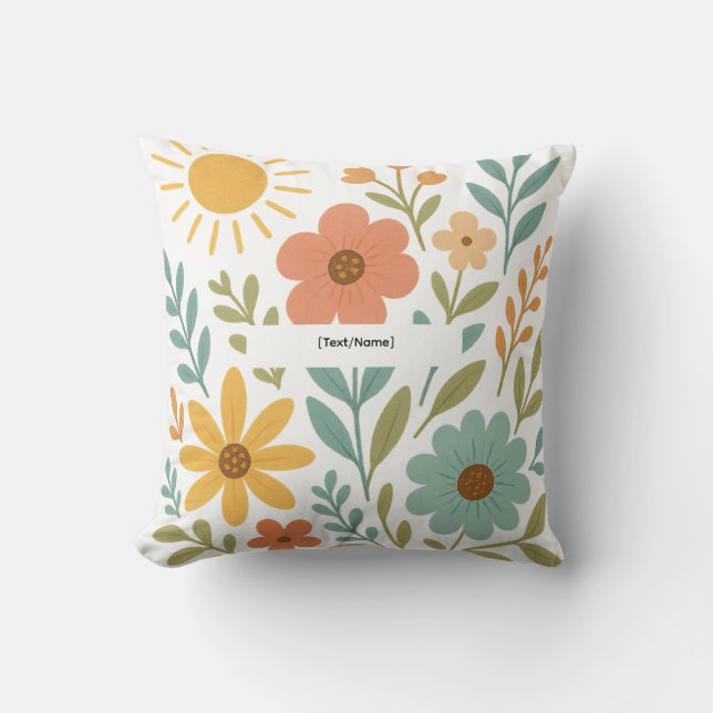 Almohada Floral Boho Sol | Agregar Texto/Nombre (Anverso)