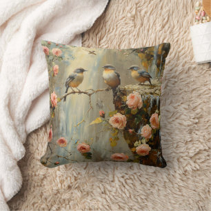 Almohada floral con rosas cascada pájaros throw