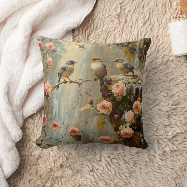 Almohada floral con rosas cascada pájaros throw (Manta)