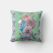 Almohada floral de acuarela Budgie Budgerigar rosa