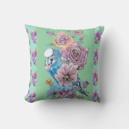 Almohada floral de acuarela Budgie Budgerigar rosa