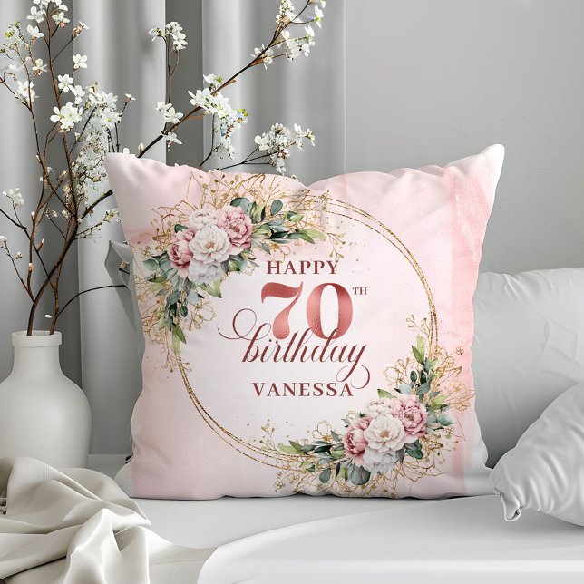 Almohada floral de acuarela rosa claro cumpleaños  (Watercolor Light Pink Floral Pillow 70th Birthday Pillow)