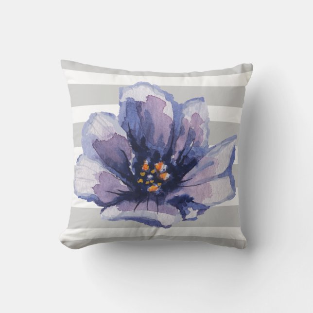Almohada floral de la acuarela rayada púrpura y (Anverso)