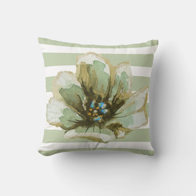 Almohada floral de la acuarela rayada verde y gris (Anverso)