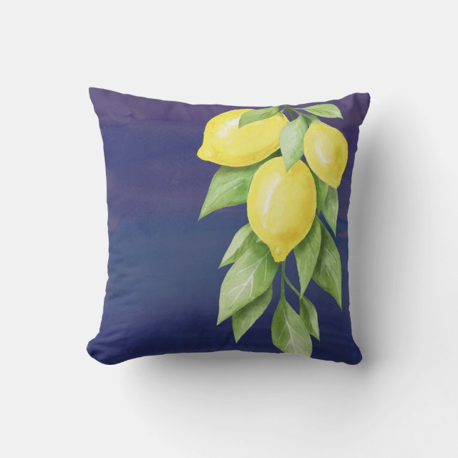 Almohada floral de limón azul amarillo y marina (Anverso)