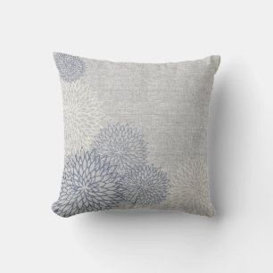 Almohada floral de lino azul y gris del acento del