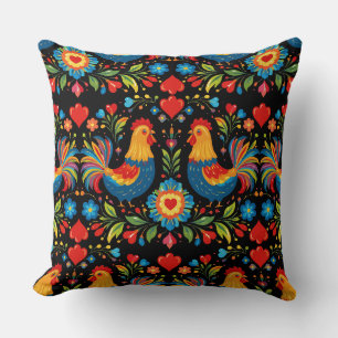 Almohada floral de pollo de arte popular