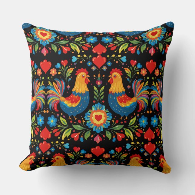 Almohada floral de pollo de arte popular (Anverso)