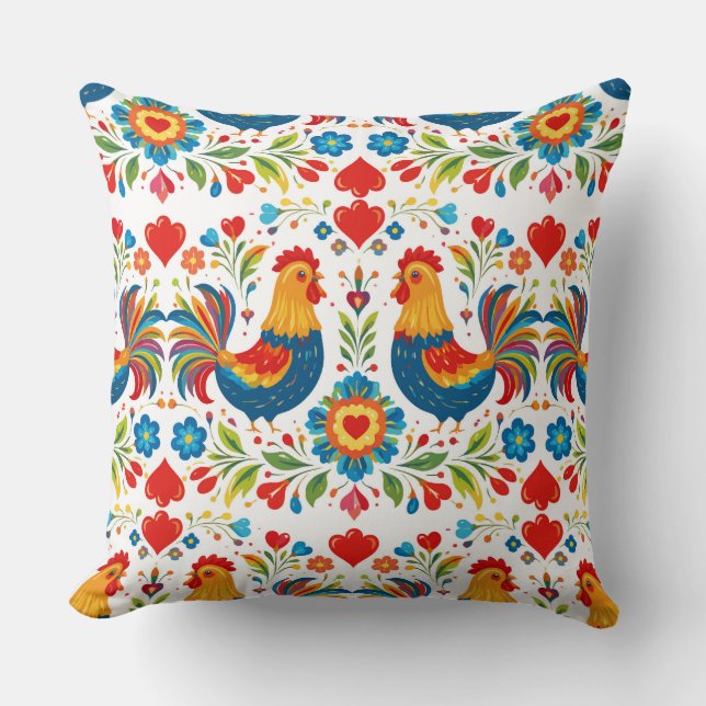 Almohada floral de pollo de arte popular (Anverso)