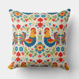 Almohada floral de pollo de arte popular