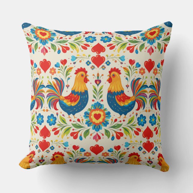 Almohada floral de pollo de arte popular (Anverso)